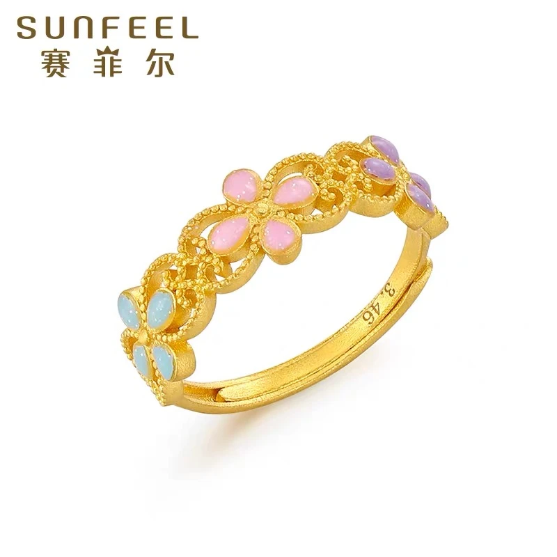 SUNFEEL/赛菲尔足金999.9四叶草如意指环古法金珐琅彩戒指JZ128
