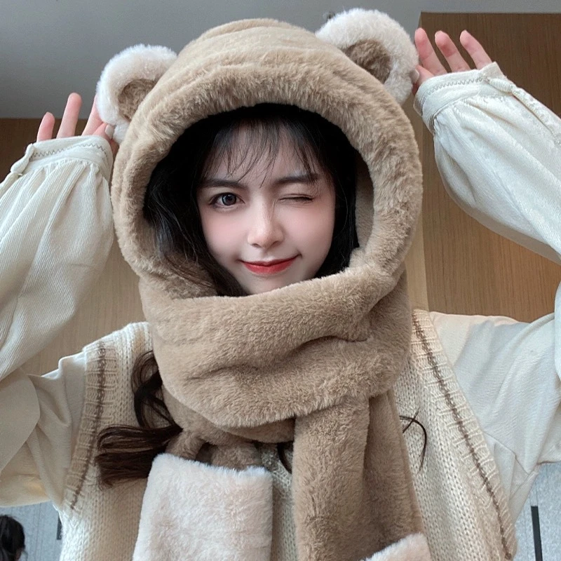 小熊帽子女冬天2023新款围巾手套一体帽冬季围脖百搭韩版可爱保暖