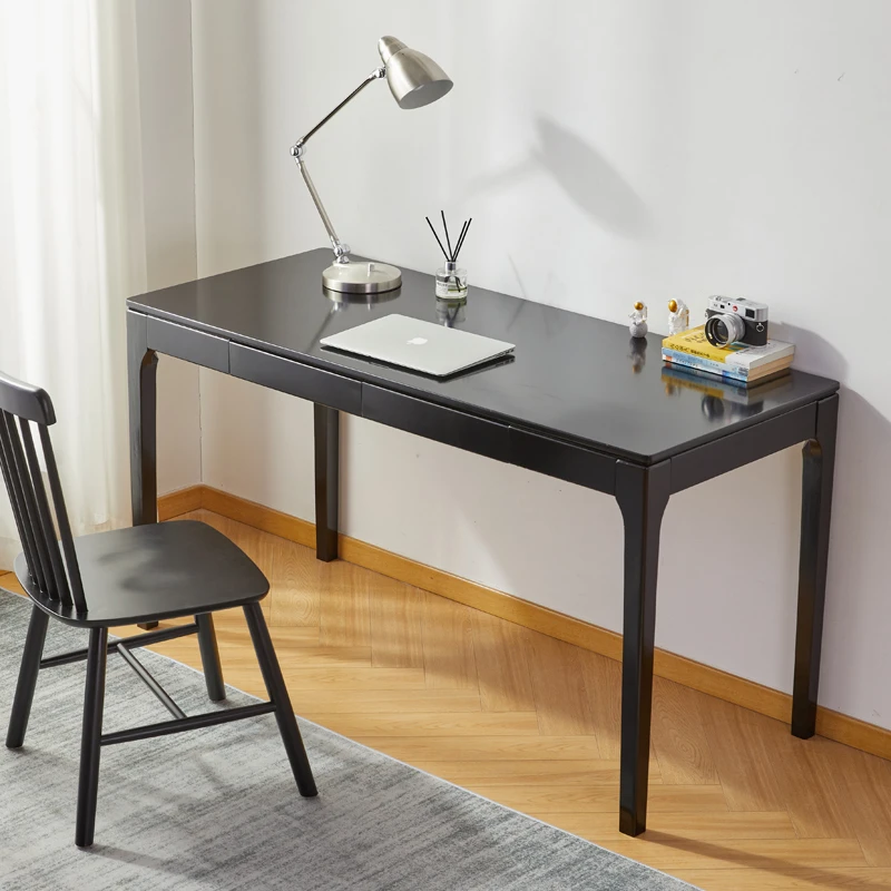 学习书桌抽屉北欧实木现代简约卧室小户型写字台书法桌黑色长条桌