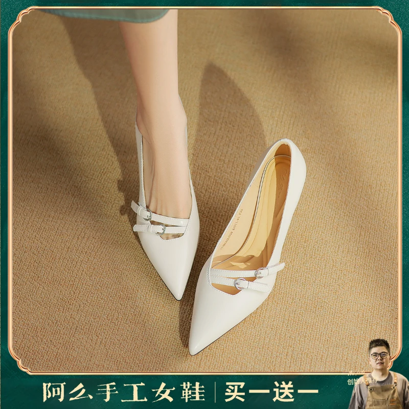 阿么手工女鞋尖头搭扣细跟单鞋气质2025春季新款真皮高跟鞋8.5CM