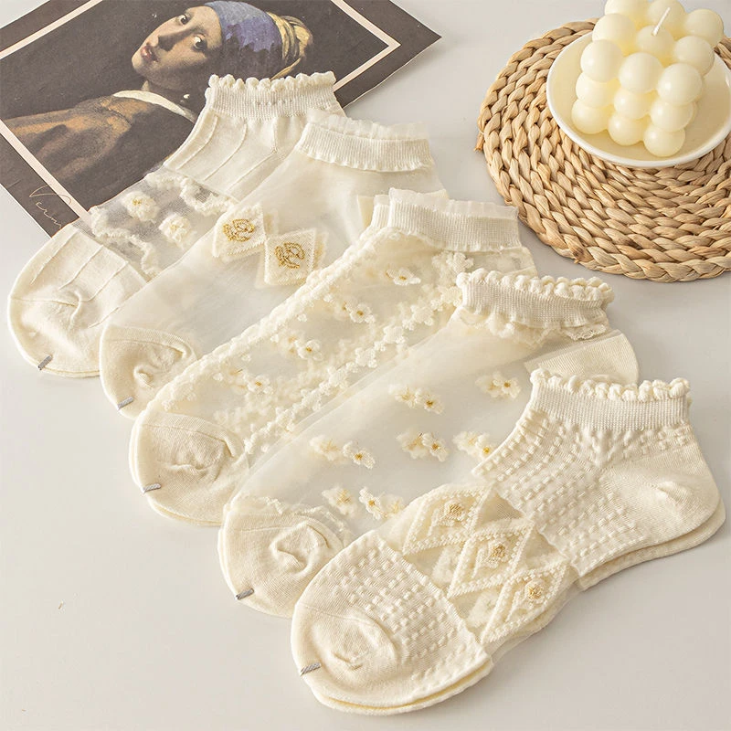 白色袜子女短袜夏季薄款玻璃丝日系可爱花边袜蕾丝短筒袜百搭袜子