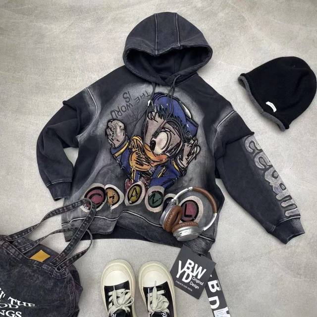 唐老鸭假两件连帽加绒卫衣新款秋冬新款重工宽松时尚大版百搭上衣