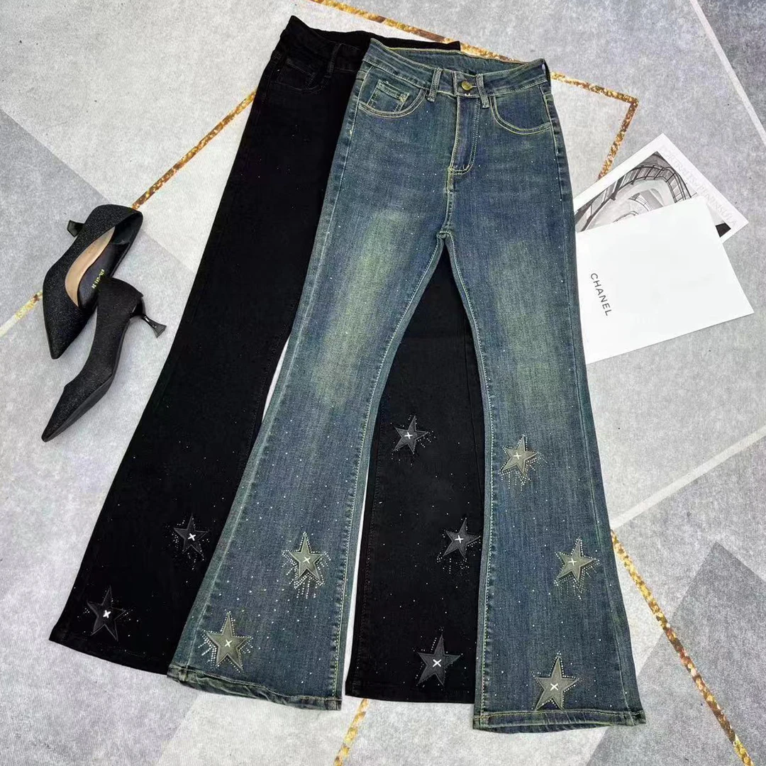 欧洲站烫钻微喇牛仔裤女2024年秋季新款弹力高腰修身显瘦星星刺绣