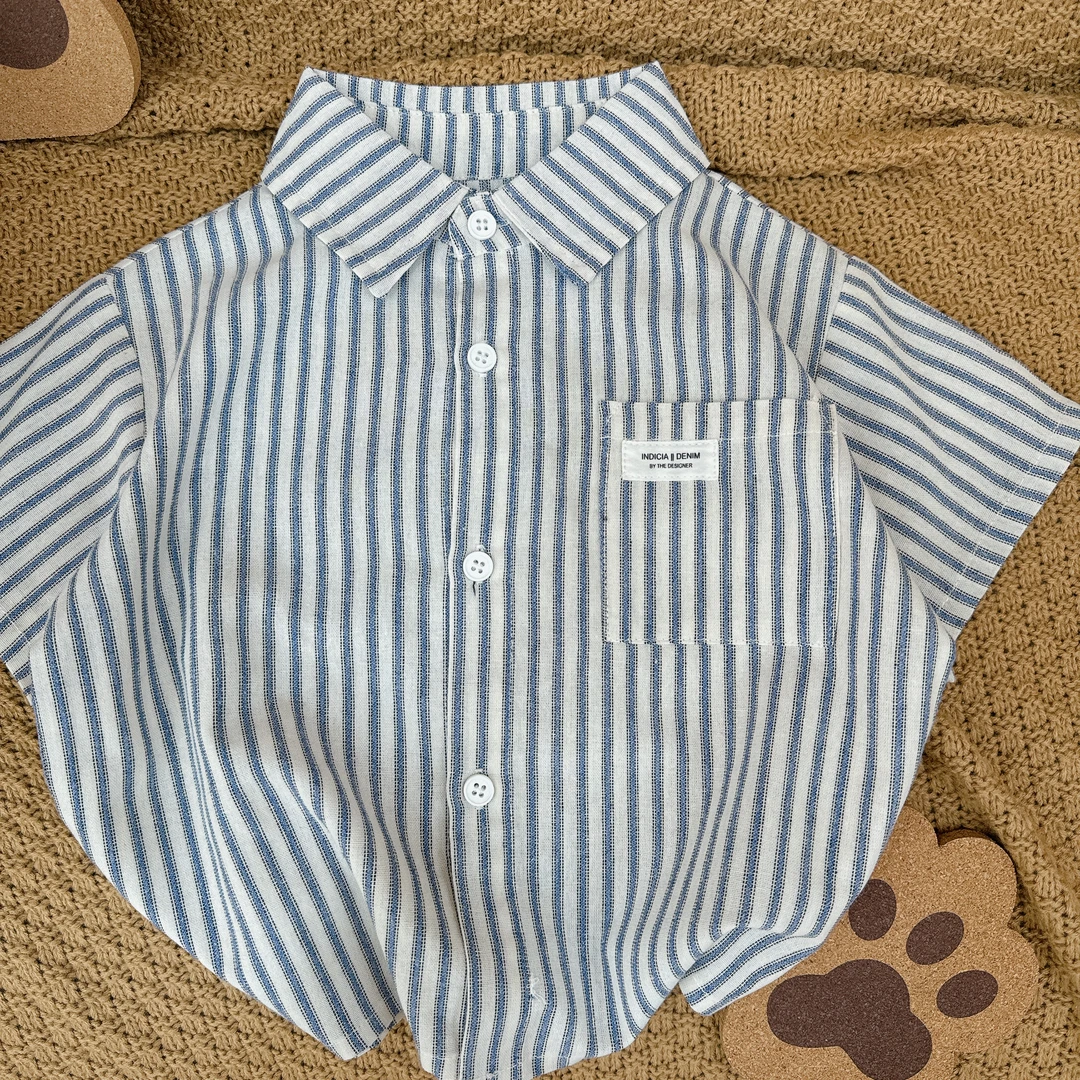 【断码处理 23233】夏季儿童色织提花竖纹开衫薄款翻领小衬衫外套