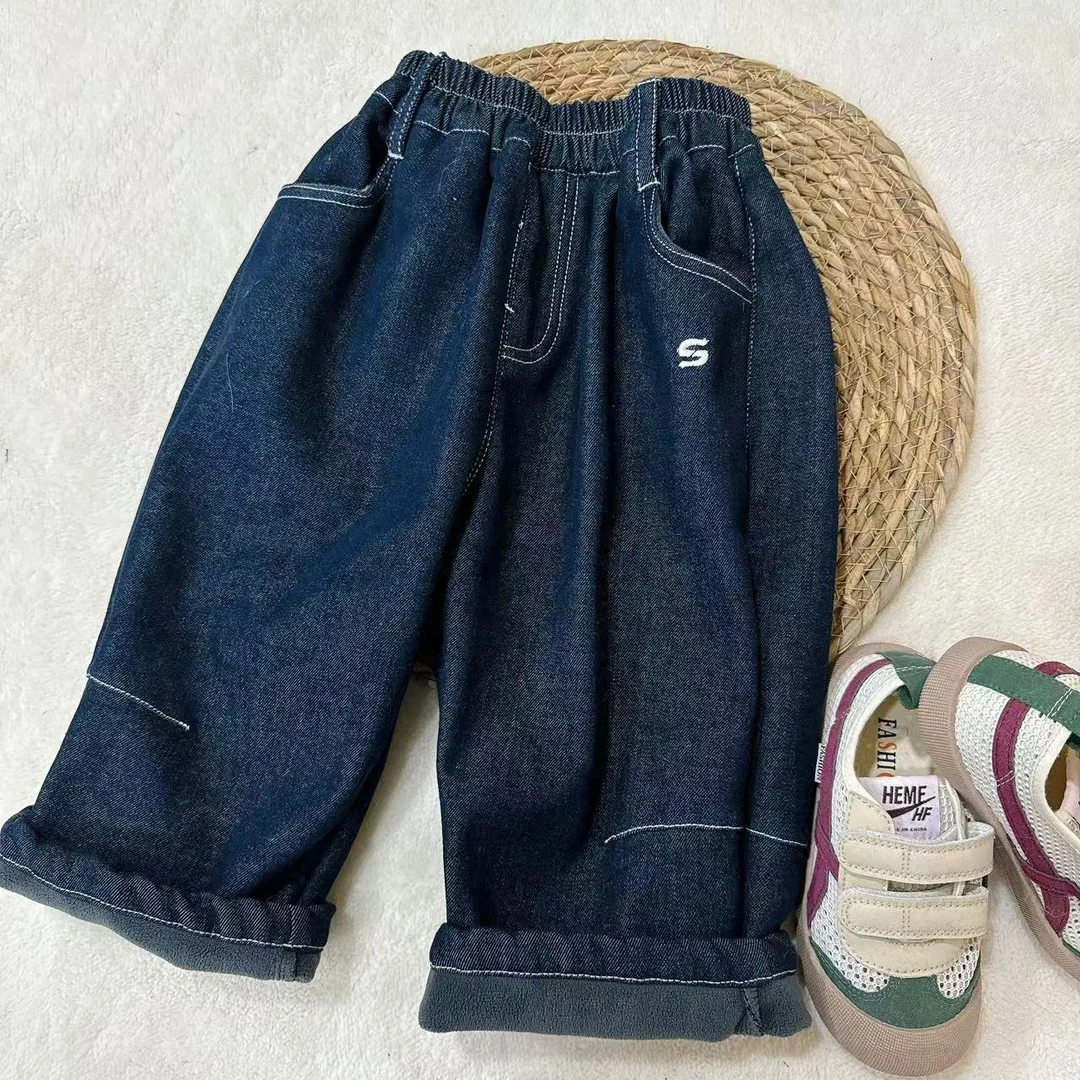 【JMJQ 201208】秋冬季韩版中小童刺绣字母一体绒加厚深蓝牛仔长裤