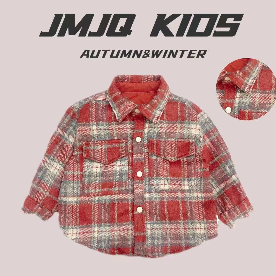 【JMJQ 231036】春秋复古风儿童格子翻领单层加厚厚衬衫外套