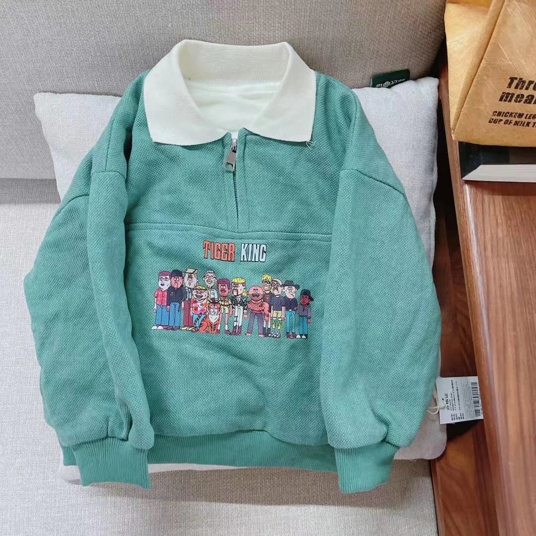 【加绒加厚】秋冬儿童韩版撞色polo领烫画拉链款套头翻领卫衣231029