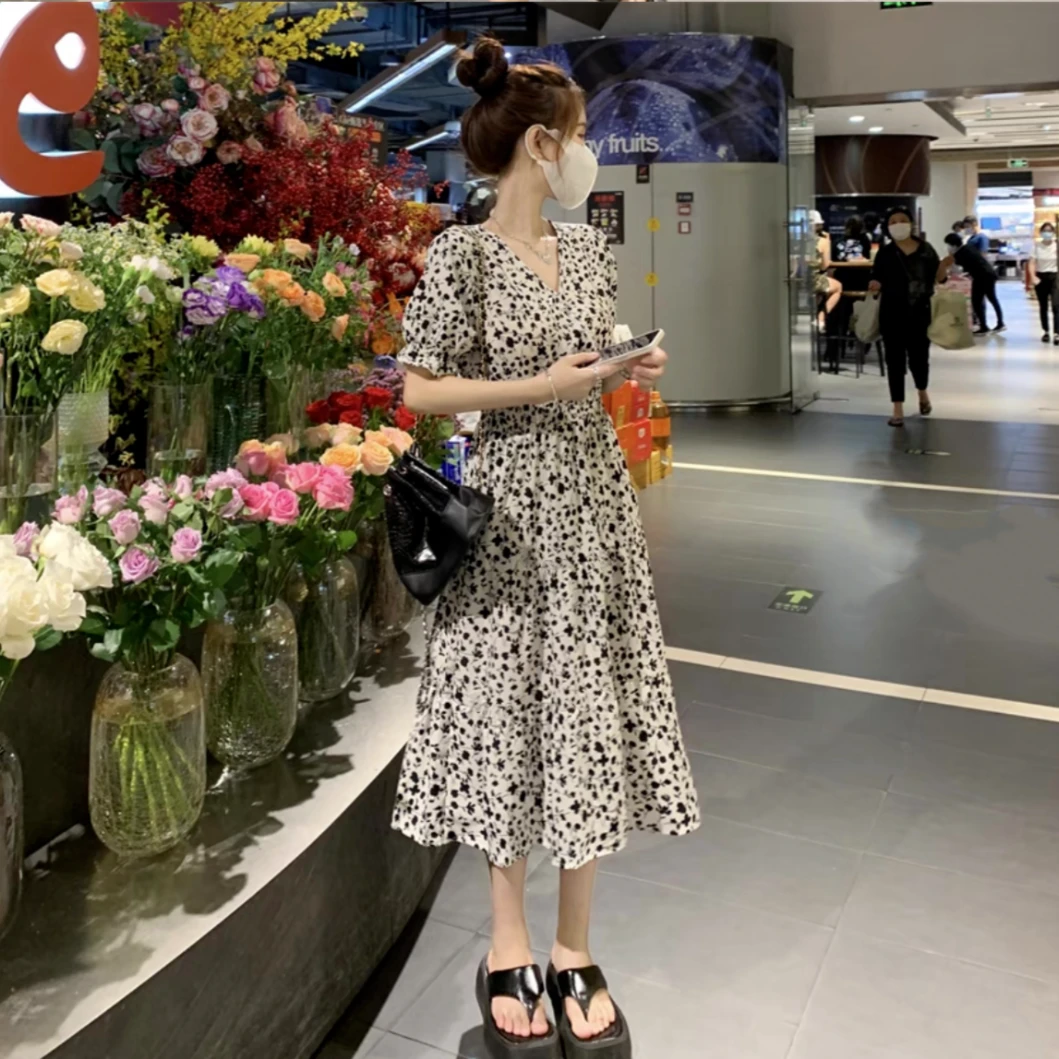 小个子改版定制中长款碎花连衣裙