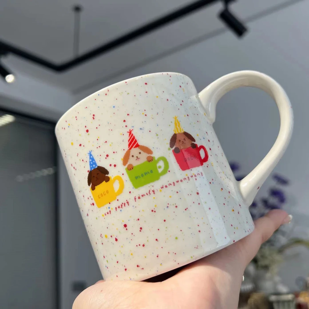 【东泰】出口尾单 陶瓷马克杯彩色泼墨茶杯犬小狗亮白色内里波浪杯
