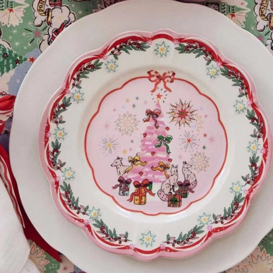 【东泰】出口英国 Cath kidston 22年秋冬圣诞波浪边粉色陶瓷盘子