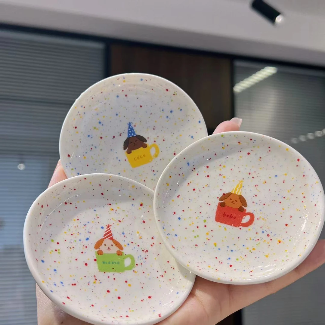 【东泰】出口高货 彩色泼墨茶杯犬小狗蘸料不规则小碟三个装