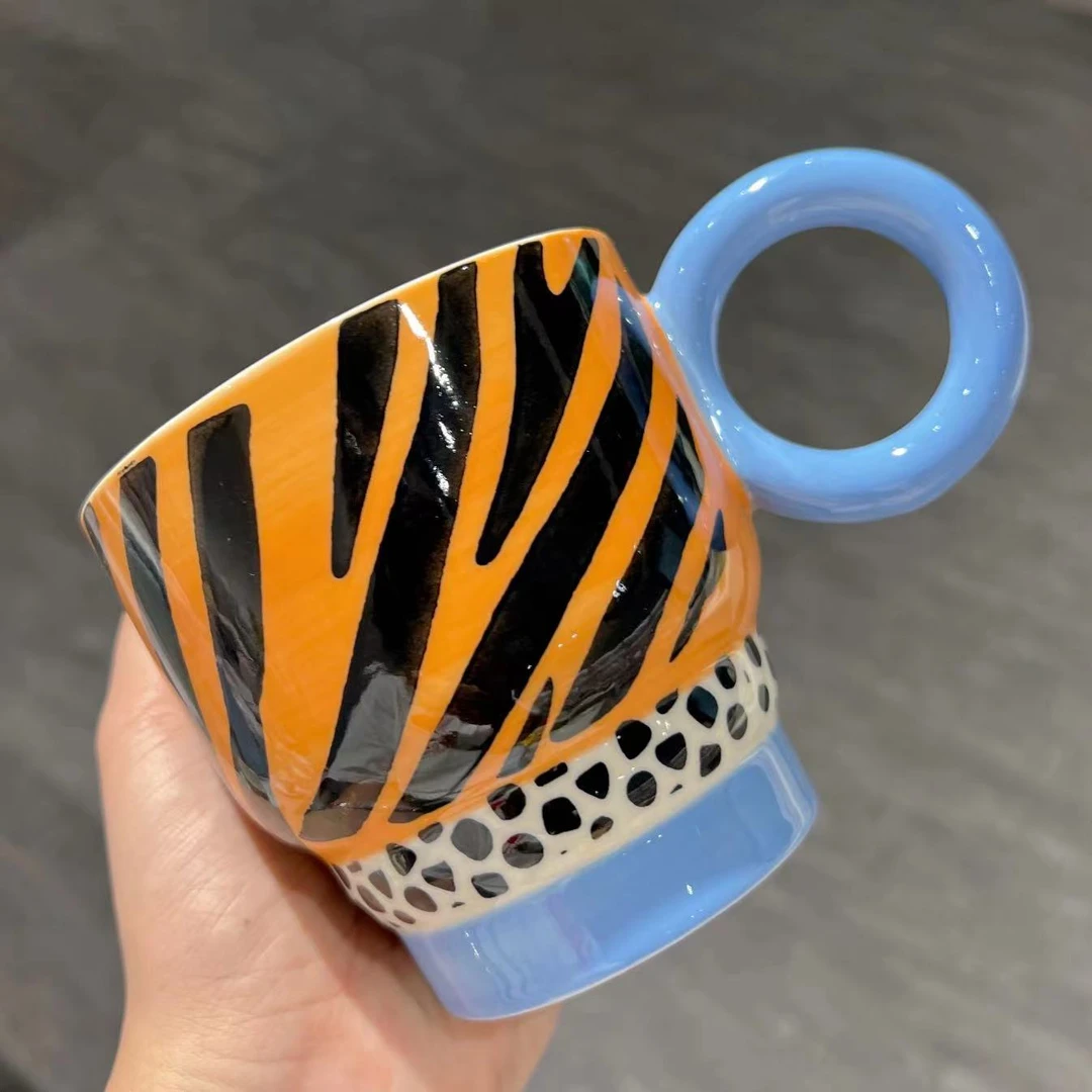 【东泰】出口韩国 釉下彩手绘陶瓷圆把杯子大容量黄色老虎纹马克杯