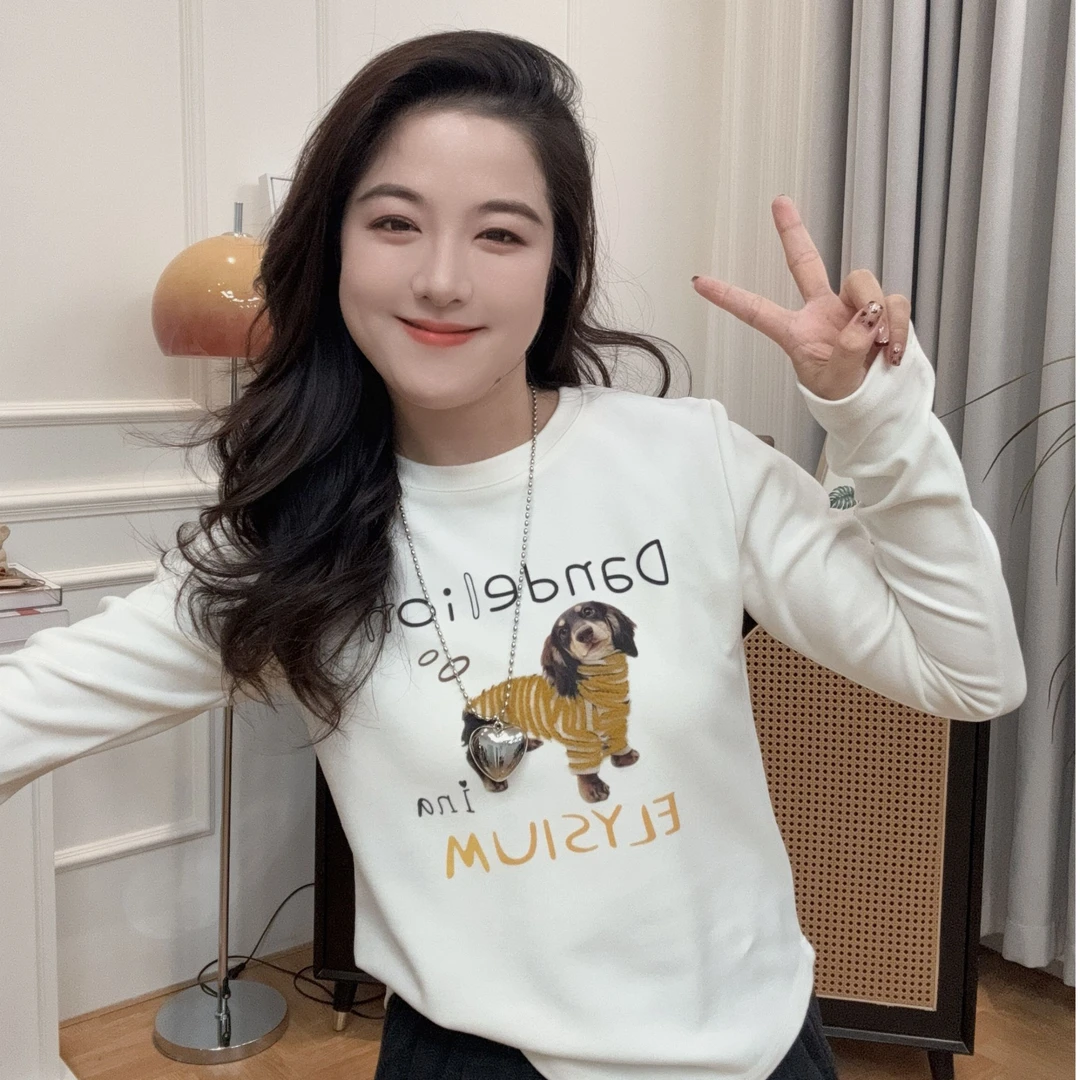 WenWen小个子韩系休闲加厚磨毛牙刷绣腊肠小狗百搭打底衫T恤2263