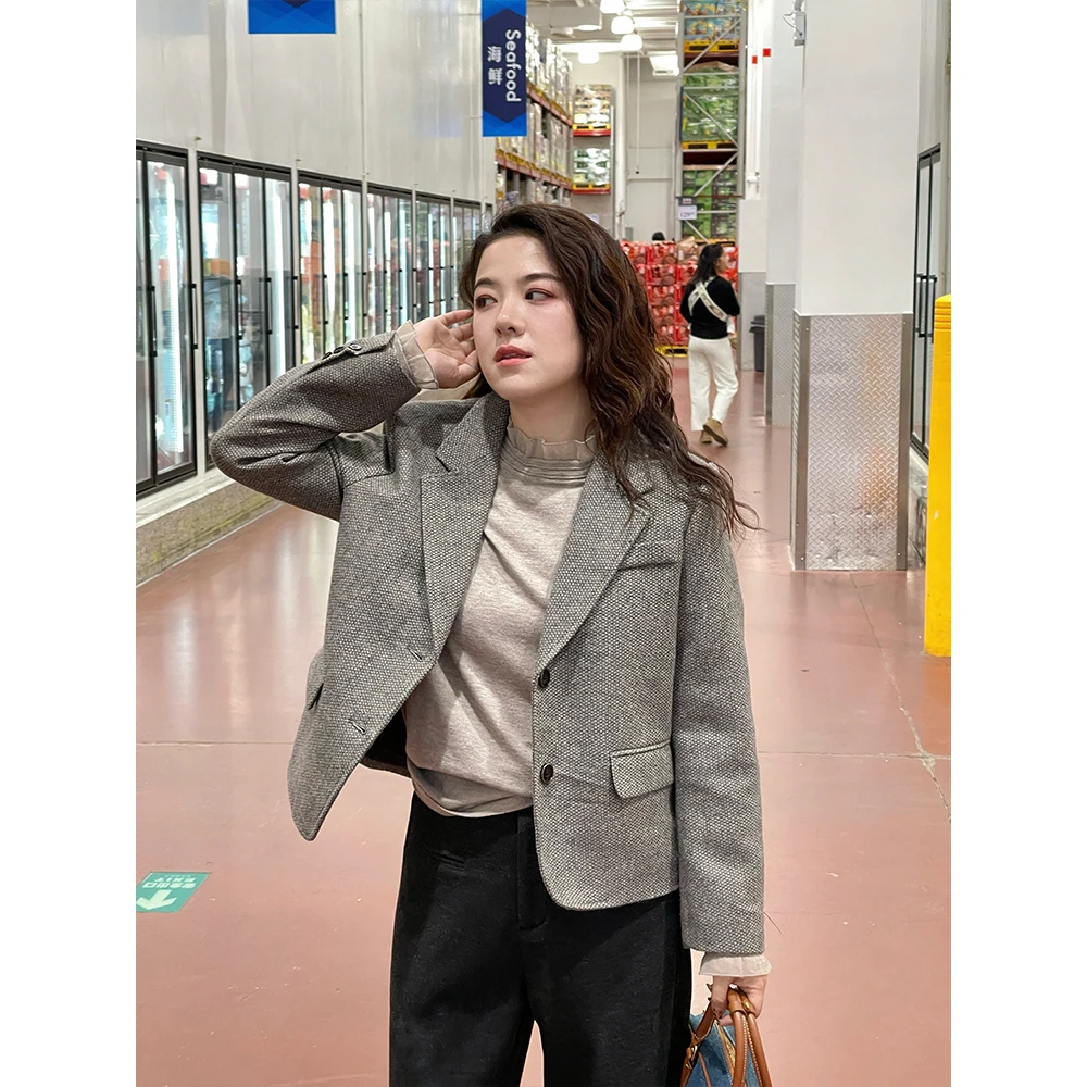 WenWen小个子韩版秋冬新款人字纹毛呢西装外套休闲上衣2286