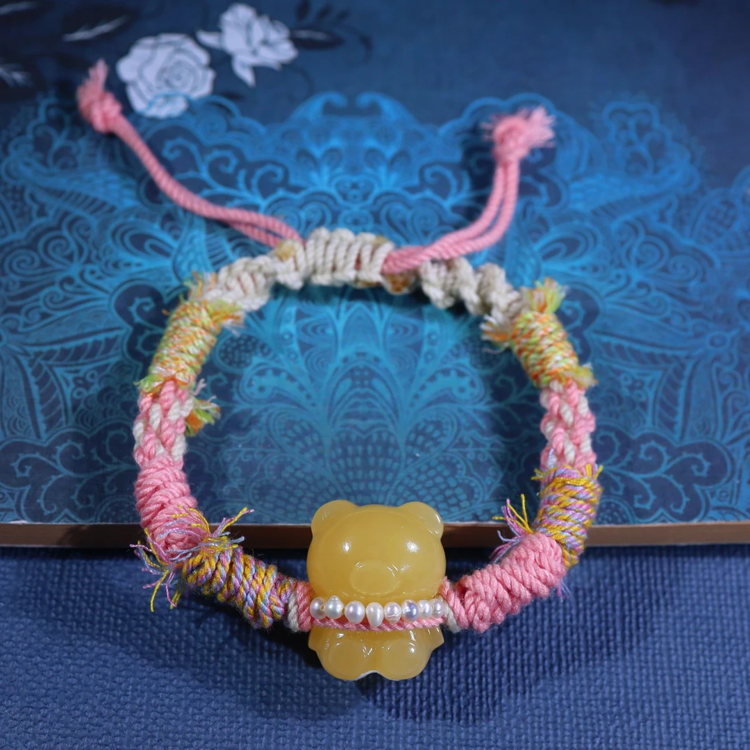 天然俄料鸡油黄小熊手工编织手链（抖音基地发货，带证书）