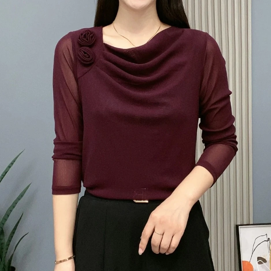 立秋新款休闲妈妈装显瘦长袖时尚秋季纯色洋气修身圆领春秋百搭