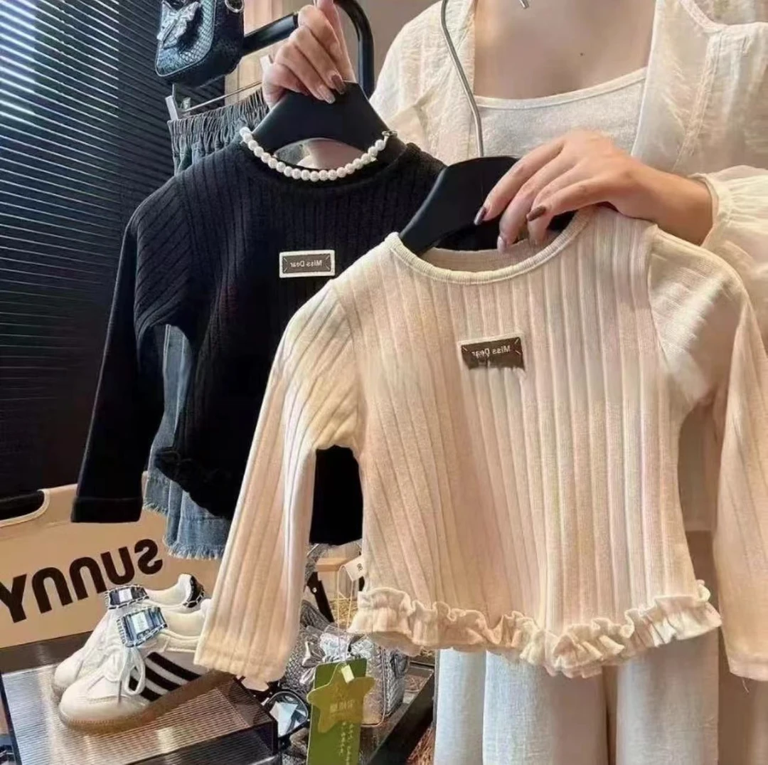 儿童洋气时尚韩系女童加绒长袖打底衫女宝套头花边百搭打底上衣