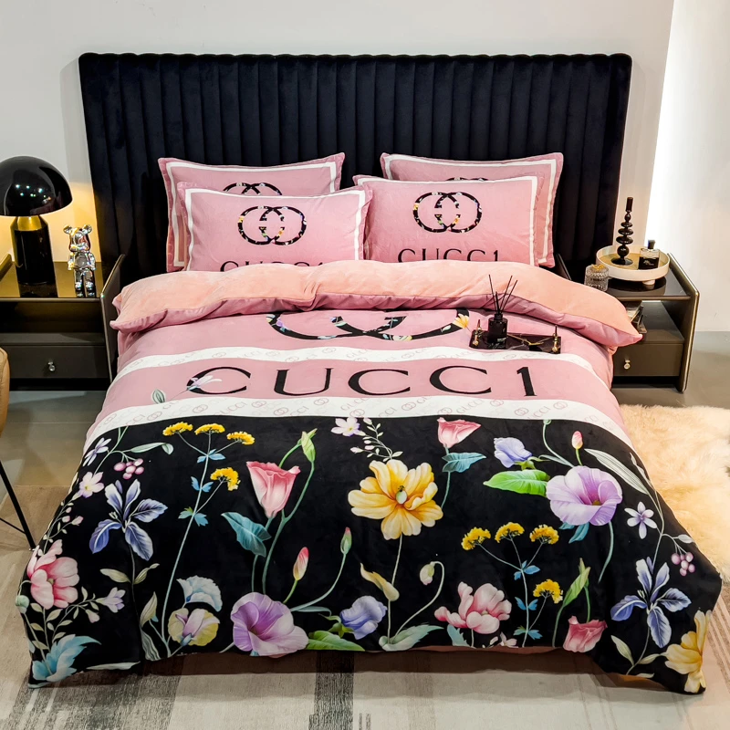 冬季新款 潮牌轻奢高级牛奶绒床上四件套网红印花被套双面绒-粉花