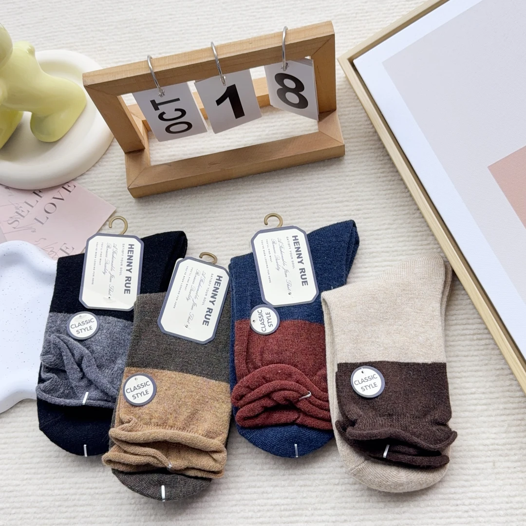 HNL1854五双秋冬拼接羊毛撞色保暖中筒袜