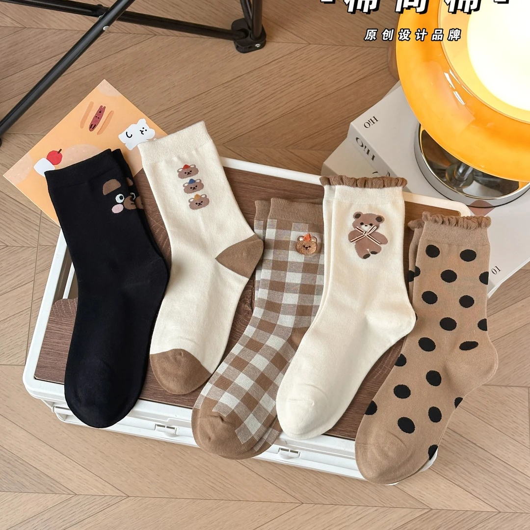 AC-7906 五双女袜卡通小熊休闲中筒袜