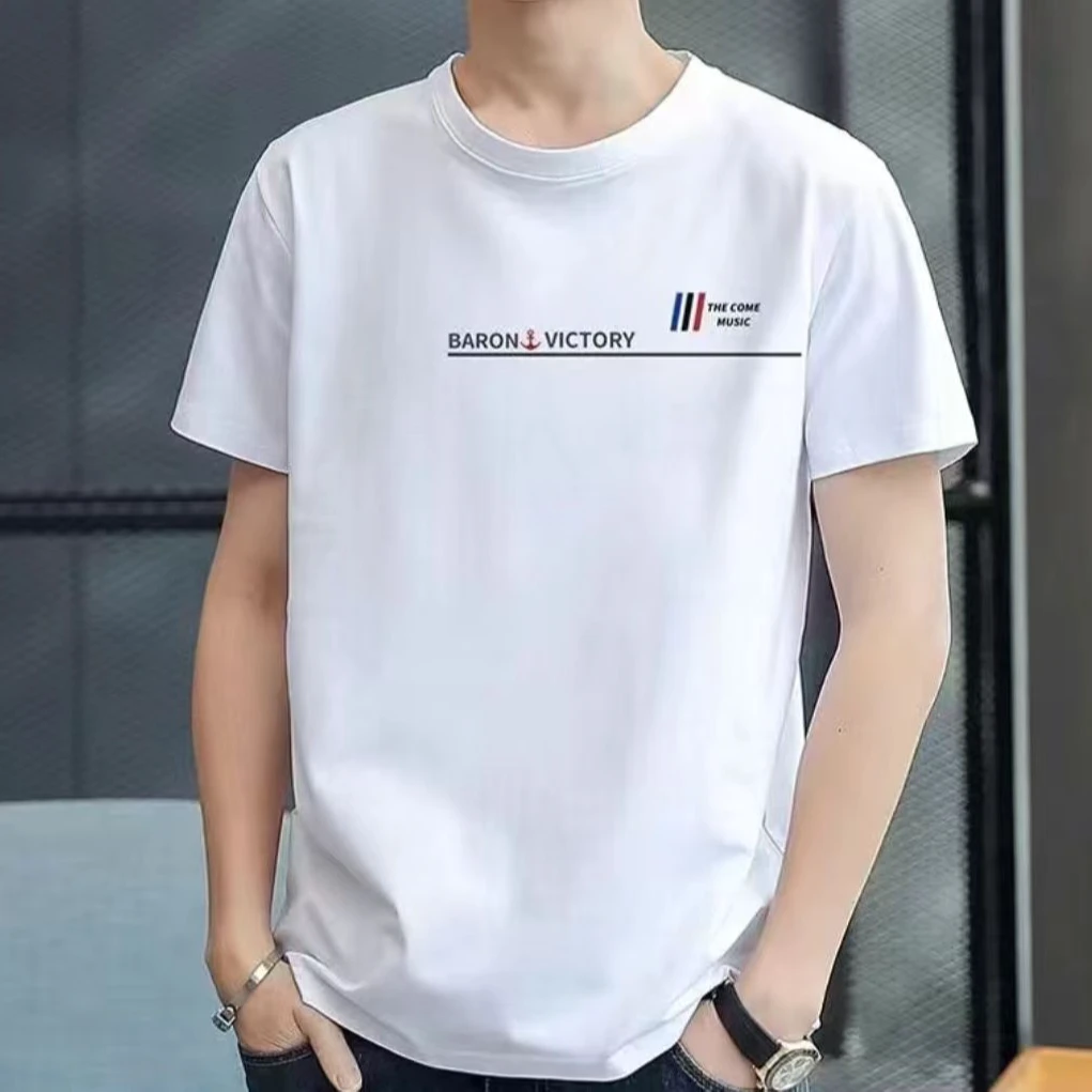 三竖条字母男女同款纯棉短袖夏季上衣半袖白色宽松圆领休闲潮流