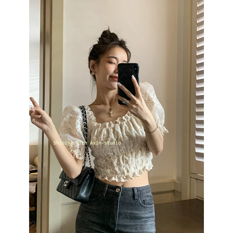 阿昕亮晶晶 汉南洞美人 方领蕾丝短款泡泡袖上衣小衫AX230504