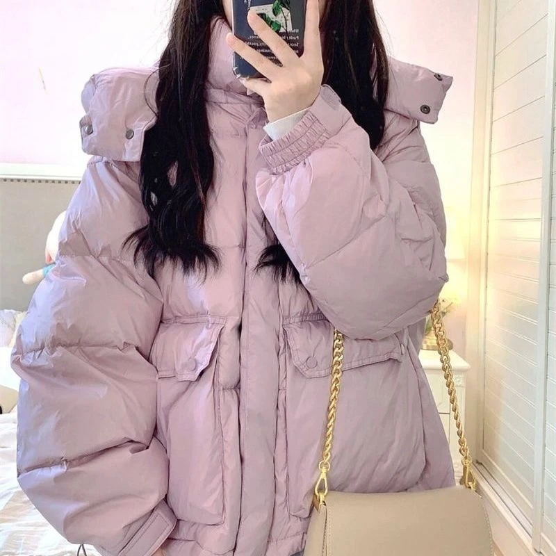 2023新款冬季羽绒服女短款连帽加厚韩版宽松显瘦面包服白鸭绒外套