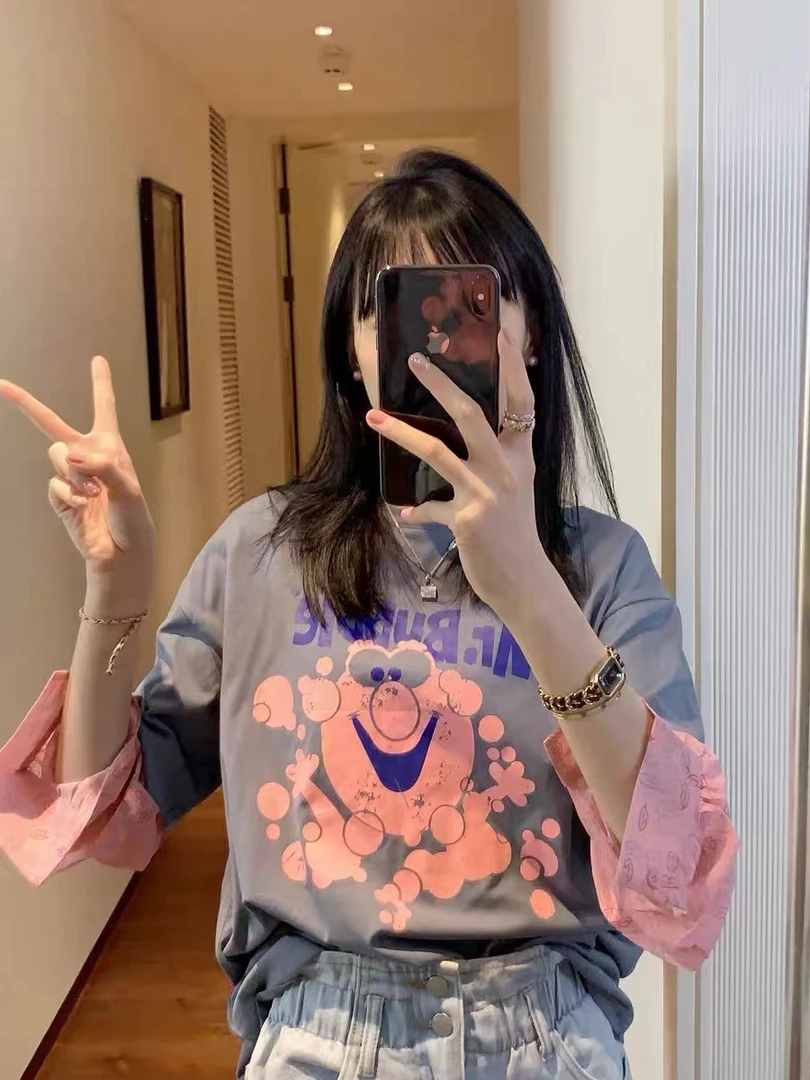 300斤胖MM卡通粉泡泡印花拼接百搭圆领假两件上衣可爱T恤oversize