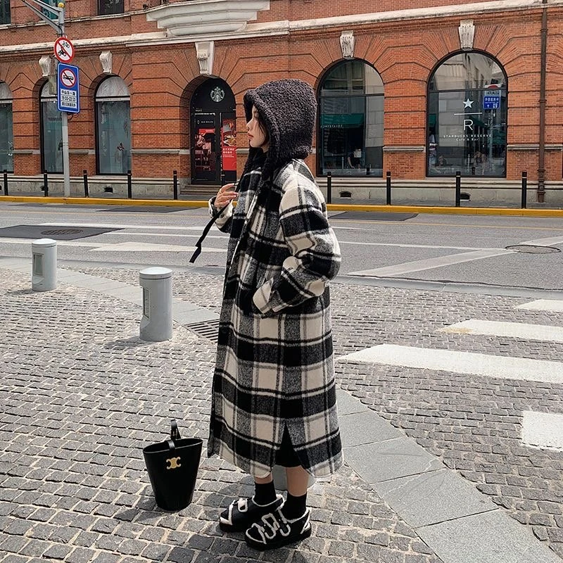 280斤胖妹妹女式格子毛呢外套女款爆款2025新款秋冬连帽大衣外套