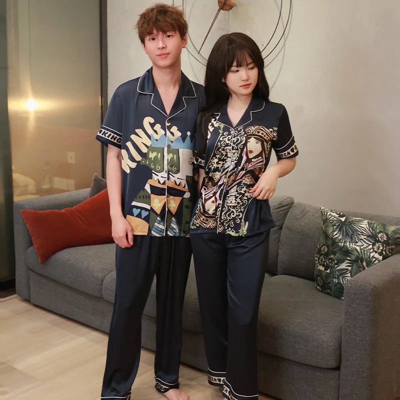 情侣睡衣女套装冰丝夏季薄款蓝色卡通动漫春夏印花男士网红家居服