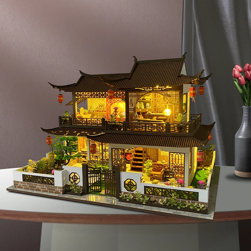 美代diy小屋古风西溪花间木质手工拼装建筑大型别墅玩具创意送礼