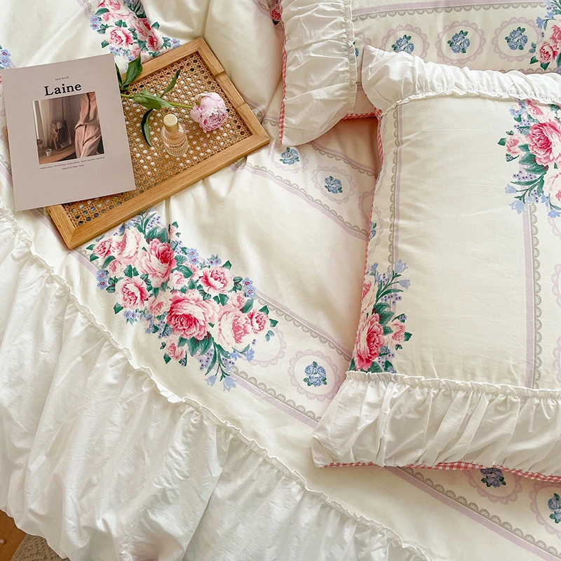 四季款全棉法式复古小碎花公主风田园小清新裙摆边四件套床上用品