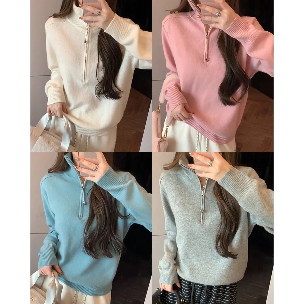 【TX】高级感半拉链立领显瘦针织衫秋冬新款复古气质宽松打底衫上衣