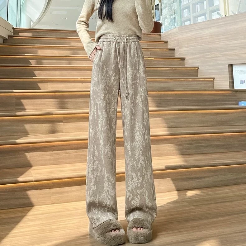 针织阔腿裤女2025秋冬新款时尚毛呢高腰显瘦休闲提花直筒拖地裤子