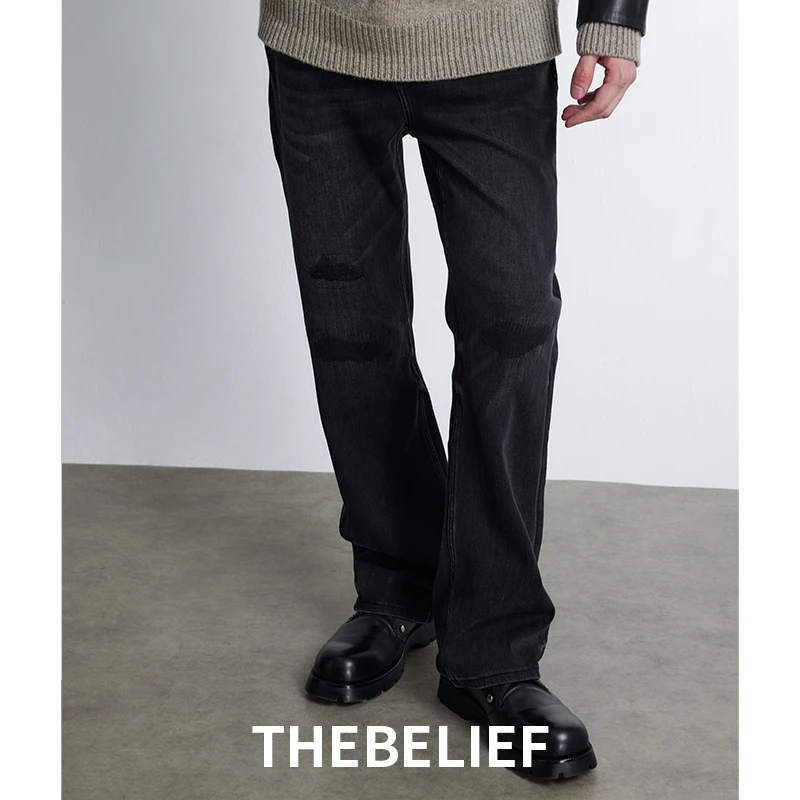 24724#秋季美式重磅水洗cleanfit黑灰色百搭微喇牛仔裤男潮