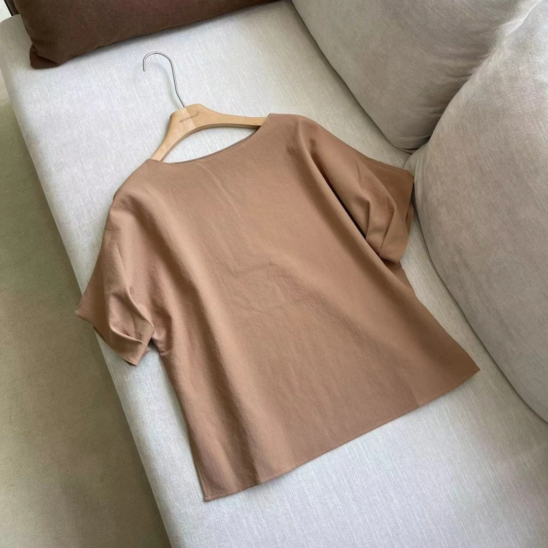 柔软夏季圆领时尚简约开叉中空纱绿色短袖不规则衬衫C23151