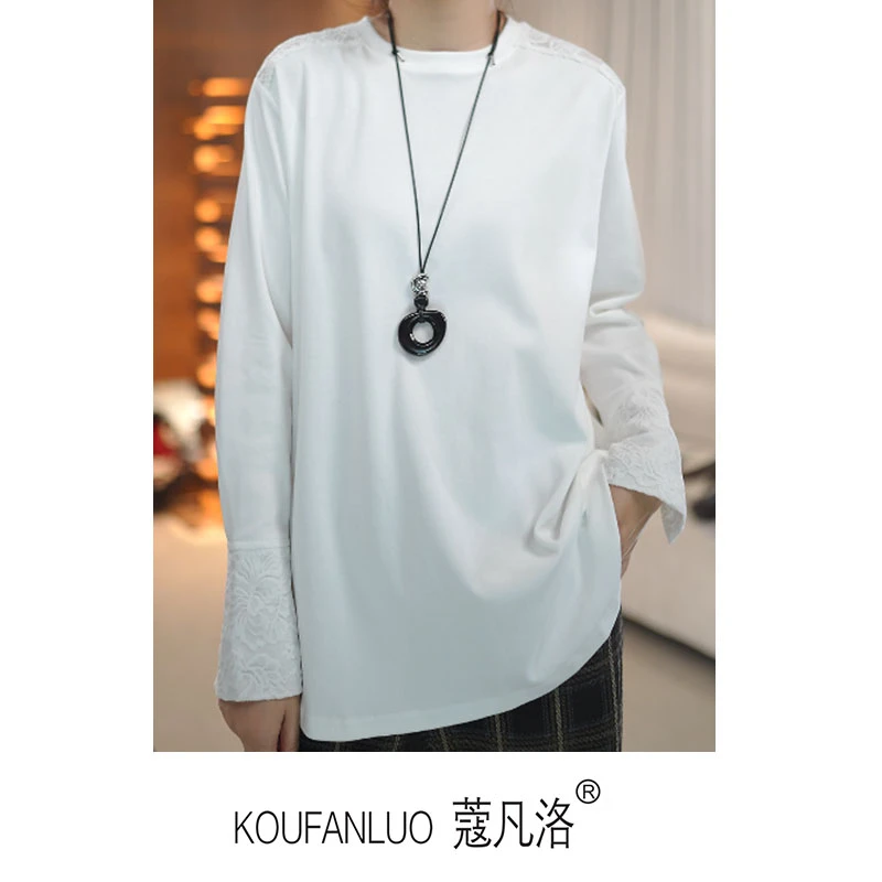 【百搭叠穿】新款设计感拼接蕾丝简约国风长袖白色T恤女秋Q24748