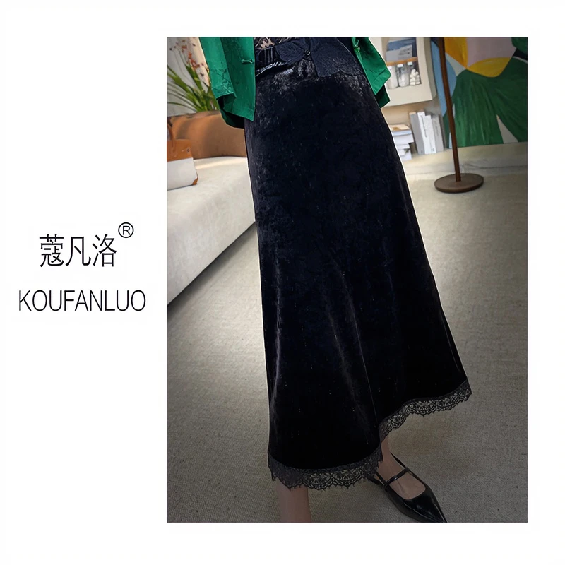 新款松紧高腰金丝绒气质中长款时尚女装显瘦半身裙C24043