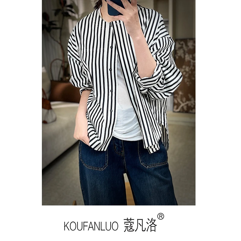 春夏潮时尚休闲百搭长袖圆领条纹纯棉宽松上衣女外套C24265