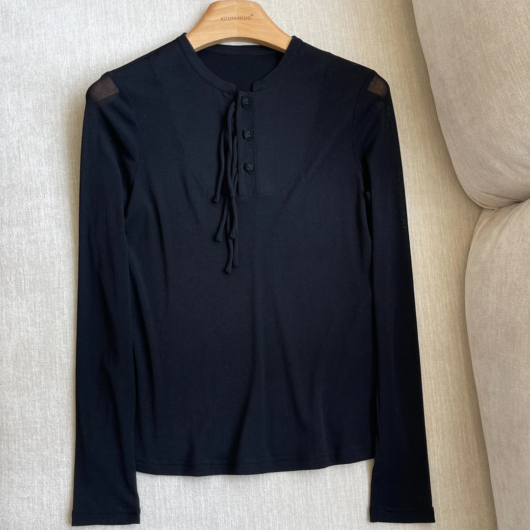 老钱风简约纯色休闲立领长袖设计师气质时尚打底衫C23362