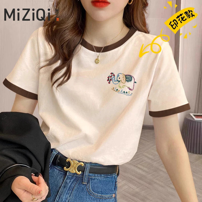 米子旗2024新款白色时尚百搭夏季女宽松显瘦上衣夏天妈妈短袖T恤