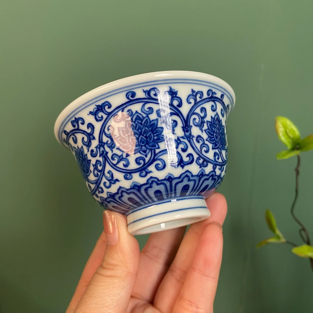 【彧兮竹】柴窑佛莲双钩缠枝压手杯容量90CC景德镇手工手绘茶具