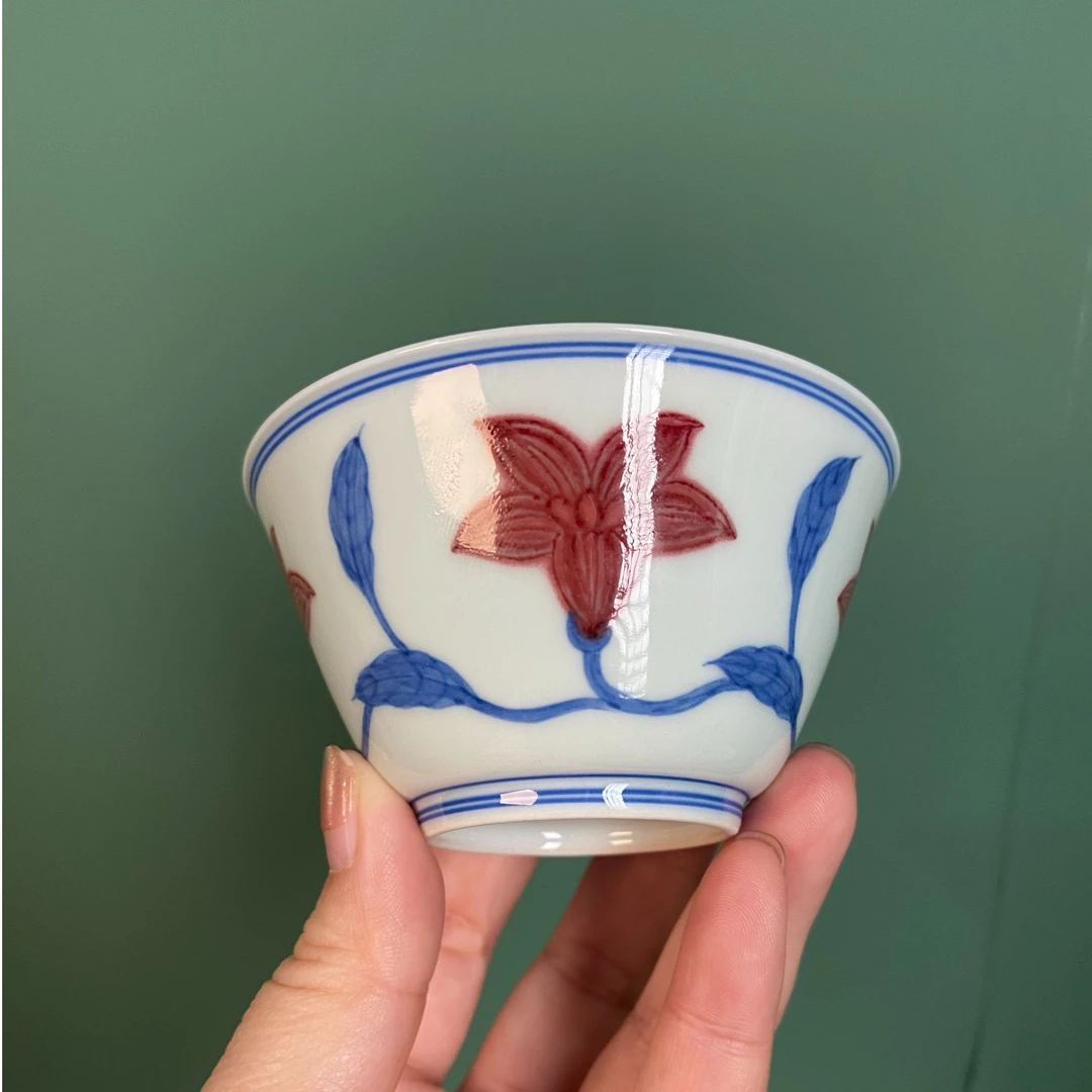 【望月御品】釉里红十二宫碗花卉主人杯90cc 手工手绘  景德镇茶具