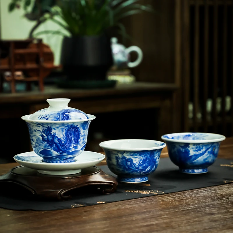 【陶月楼】龙纹元宝三才盖碗泡茶盖杯容量150毫升景德镇手工手绘