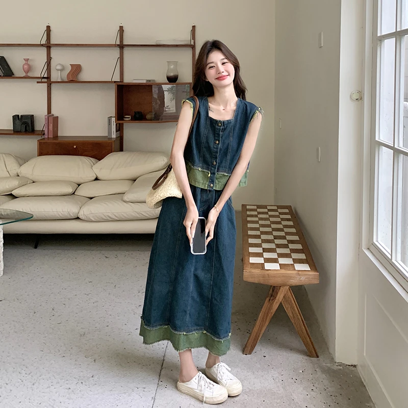 蓝色牛仔马甲高腰半身裙两件套女显瘦气质小众中长款甜美夏季宽松