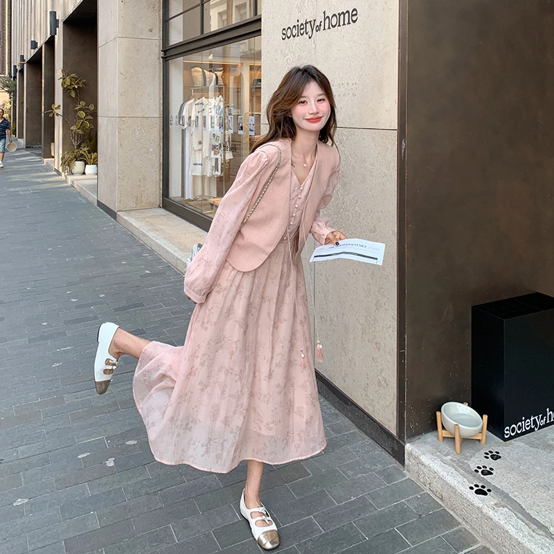 名媛时尚浪漫粉色V领印花连衣裙马甲两件套女裙子新款春秋感套装