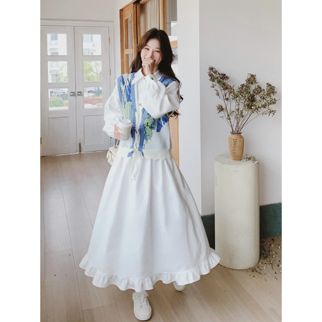 白色连衣裙套装春秋女2025新款韩版青春减龄小个子针织马甲两件套