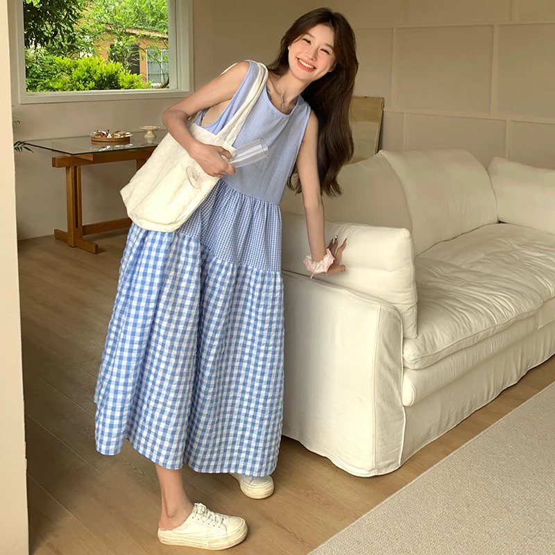 显瘦蓝色时尚拼接背心连衣裙格子2025复古法式气质文艺中长款裙子