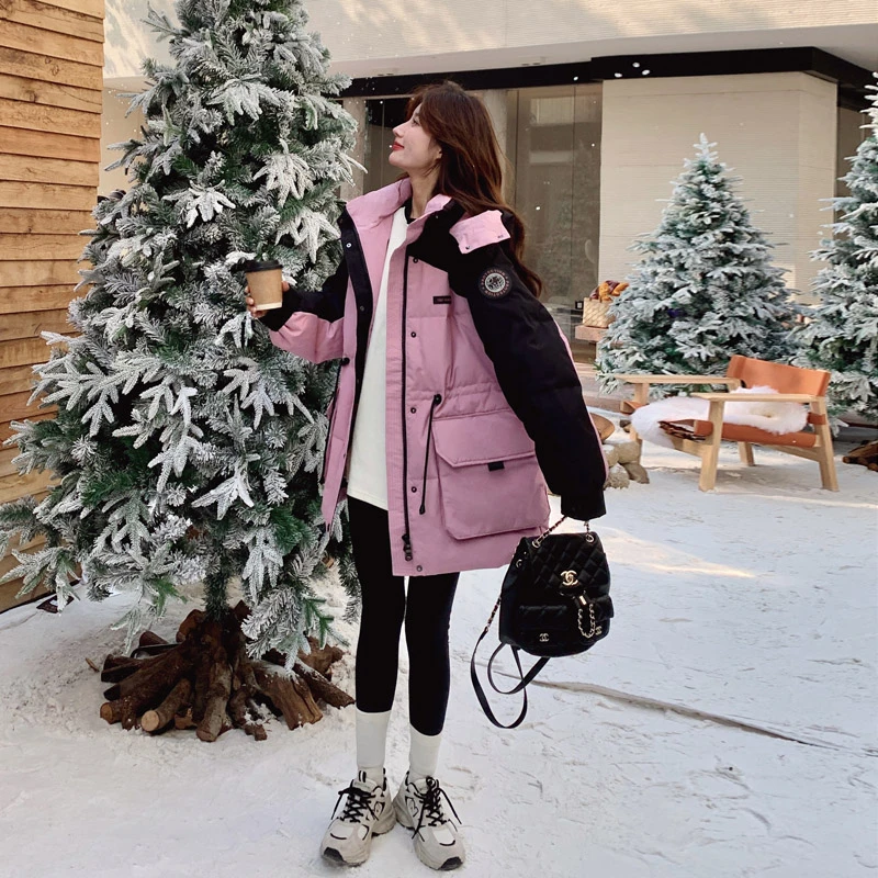 粉紫色工装派克羽绒服女2024冬季新款撞色收腰显瘦50白鸭绒厚外套