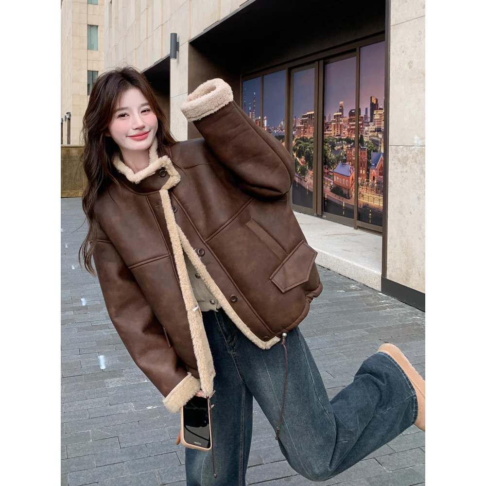 袄子美拉德棕色感厚加厚女2025加绒超好看冬季小个子皮毛一体棉服